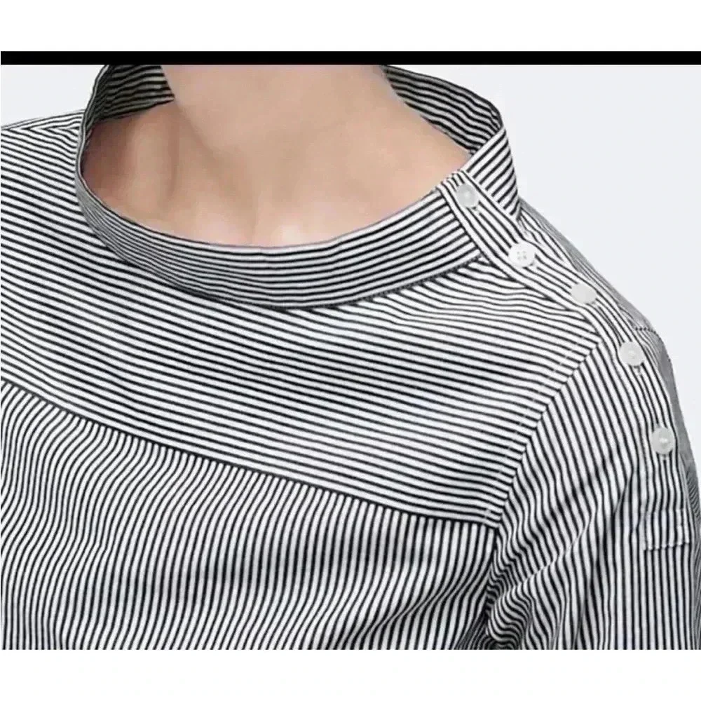 4/$25 J. Crew Top Black White Striped Funnelneck Cotton Poplin Hi Low Sz 00